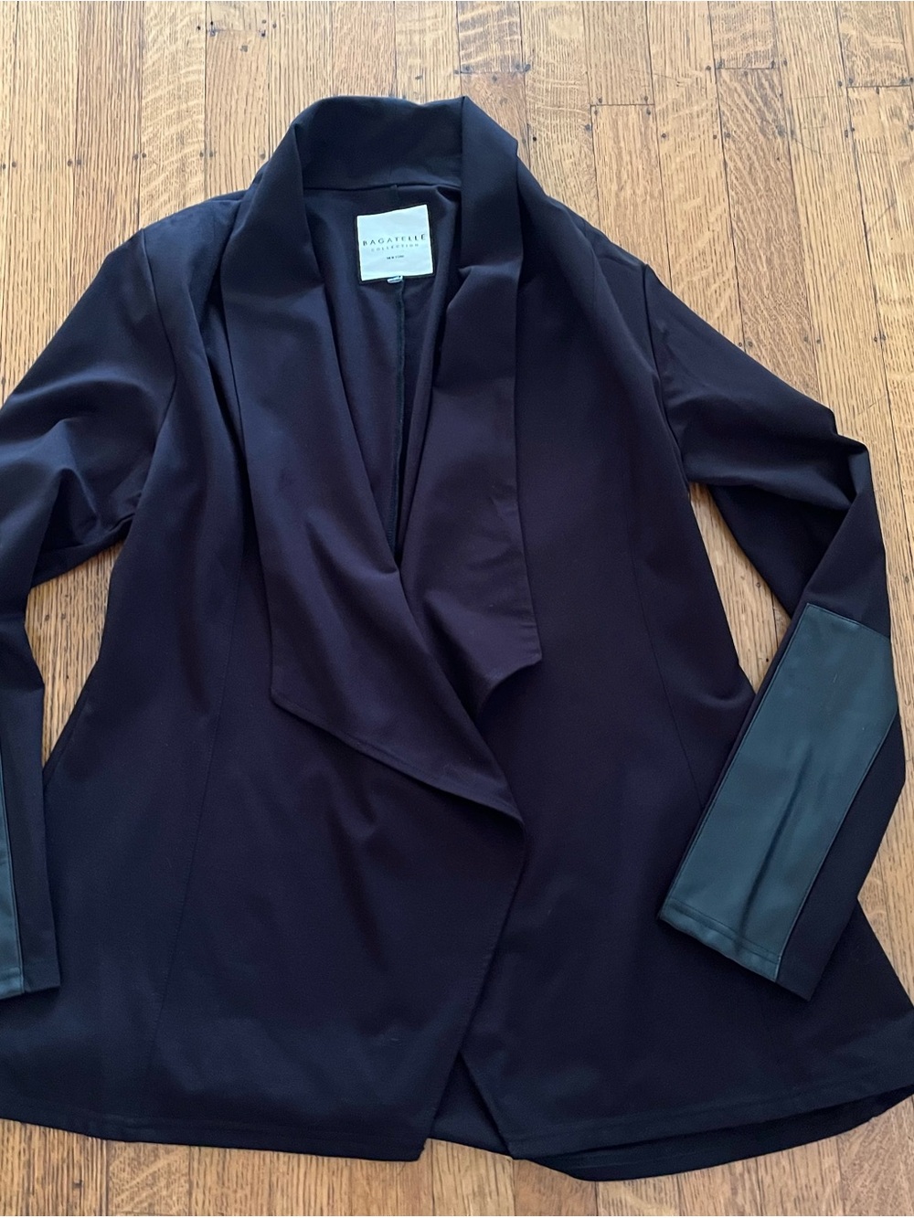 bagatelle Black Draped Open-Front Jacket with Faux Leather Sleeve Panels